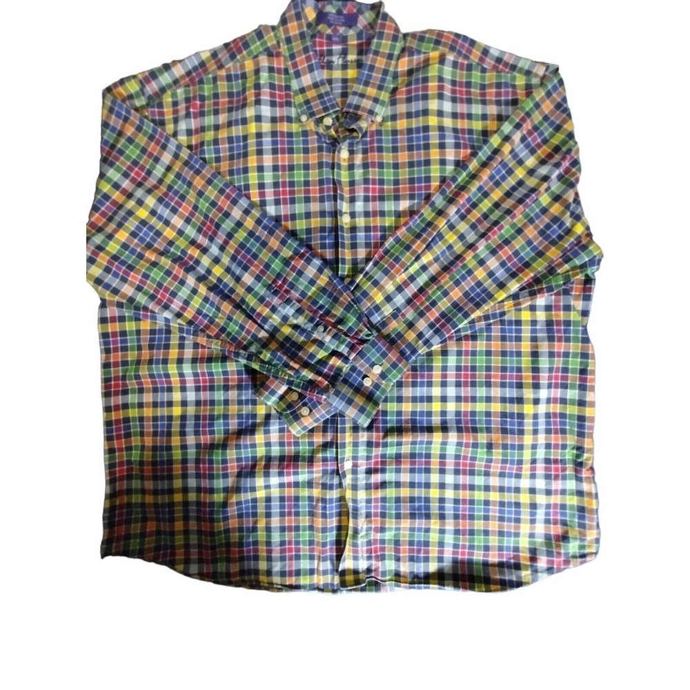 Alan Flusser Mens Size 2X Multi-Color Plaid 100%‎ Cotton Button Front Shirt